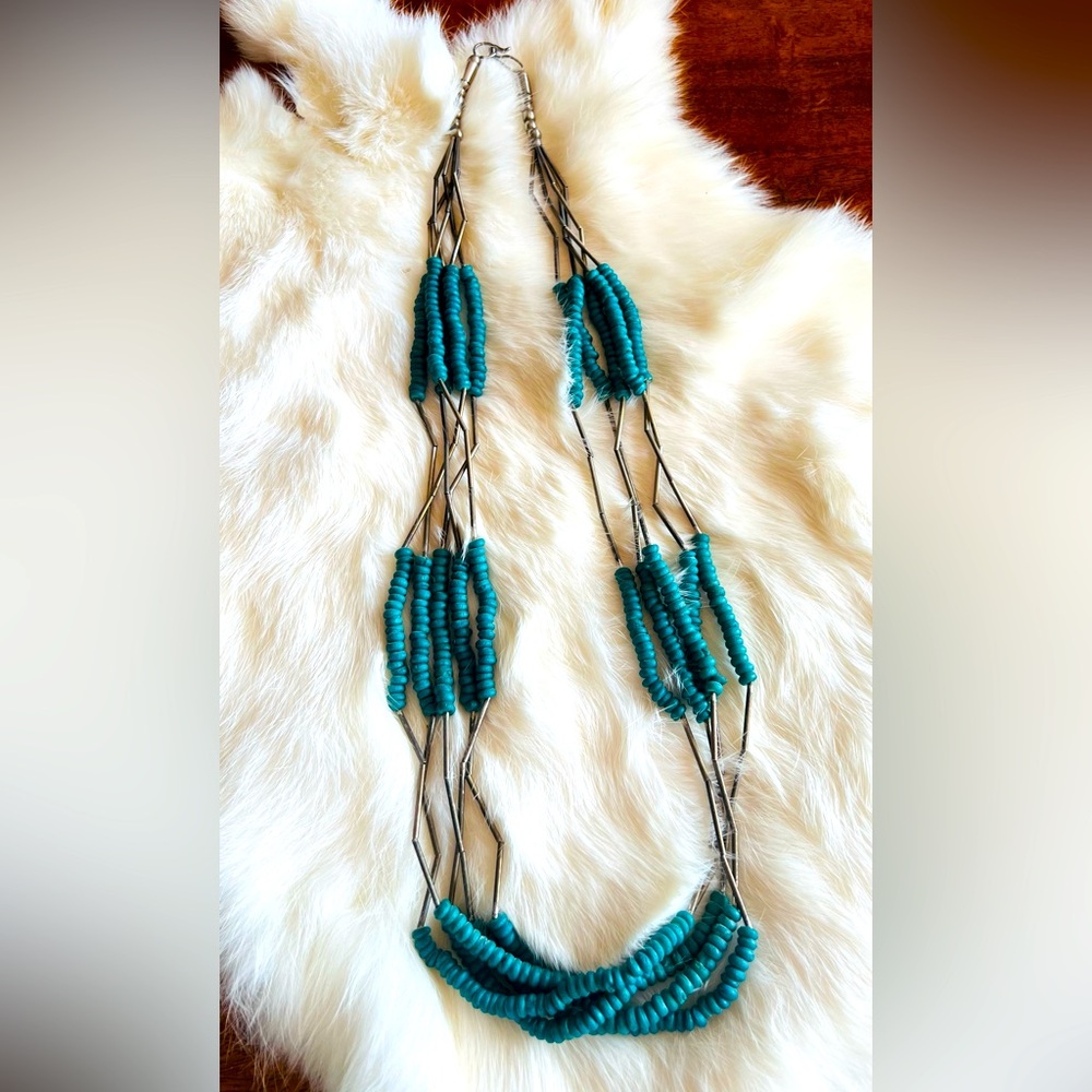 Vintage silver and turquoise colored bead necklace | 27”